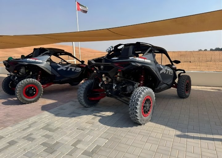 Family couple and friends enjoying buggy rentals Dubai together in safe desert area